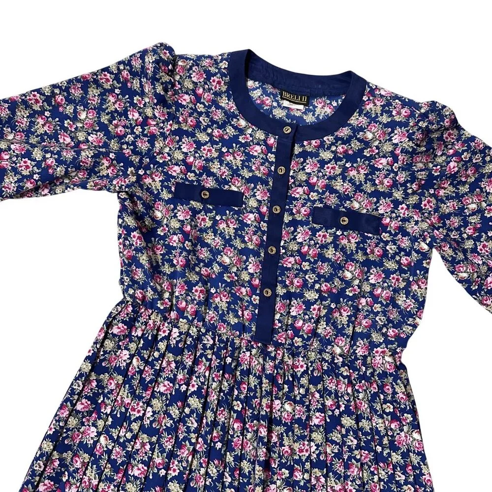 Vintage Floral Pleated Dress Navy Blue Pink Rose 80s Union Made USA Button Front - Picture 1 of 9